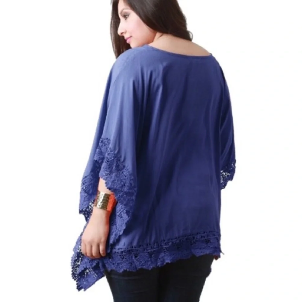 Violet Blue Crochet Lace Trim Batwing Blouse - Picture 4 of 7